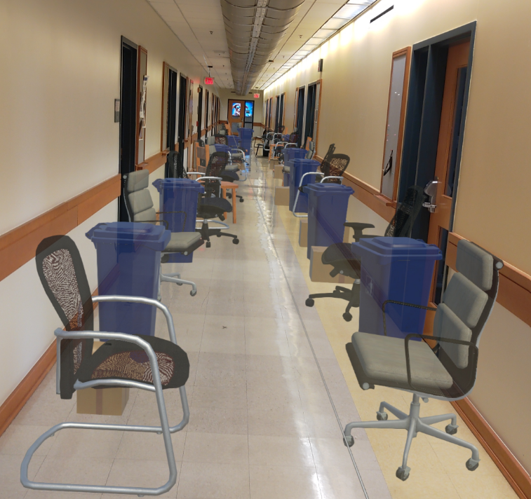 Augmented reality hallway scene used for spatial navigation and distance judgment experiments.