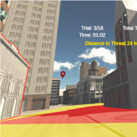 Virtual city scene with guidance overlays used to evaluate safe pedestrian navigation.